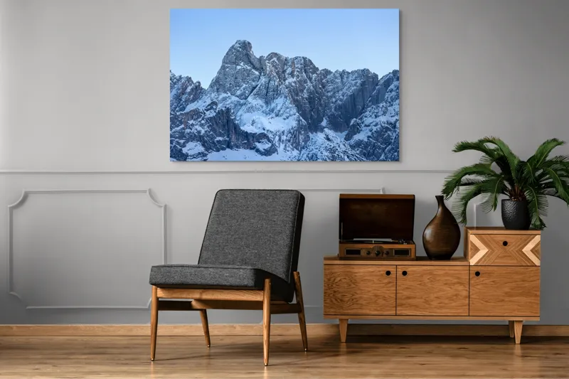 Tablou Canvas, "Piscurile înghețate ale dimineții alpine", Munți, Zăpadă, Stânci, Cer, Albastru, 150 x 100 cm – poza 8