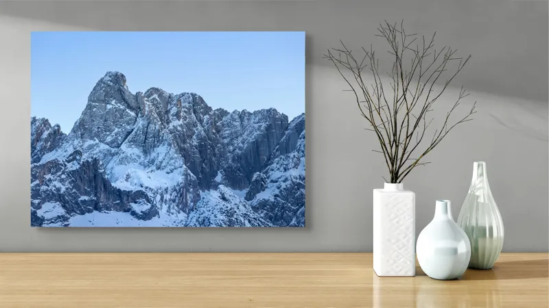 Tablou Canvas, "Piscurile înghețate ale dimineții alpine", Munți, Zăpadă, Stânci, Cer, Albastru, 70 x 50 cm – poza 3