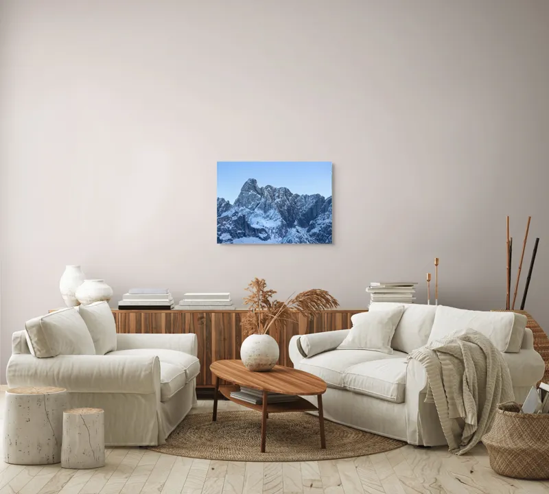 Tablou Canvas, "Piscurile înghețate ale dimineții alpine", Munți, Zăpadă, Stânci, Cer, Albastru, 70 x 50 cm – poza 6