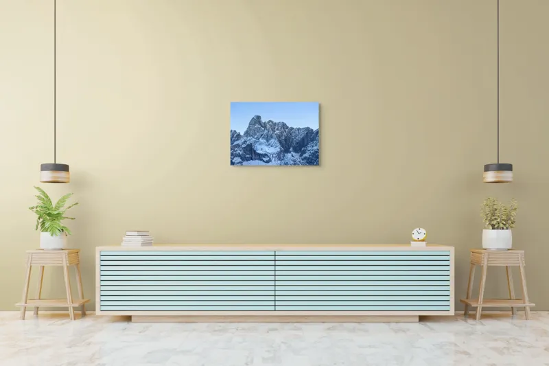 Tablou Canvas, "Piscurile înghețate ale dimineții alpine", Munți, Zăpadă, Stânci, Cer, Albastru, 70 x 50 cm – poza 7