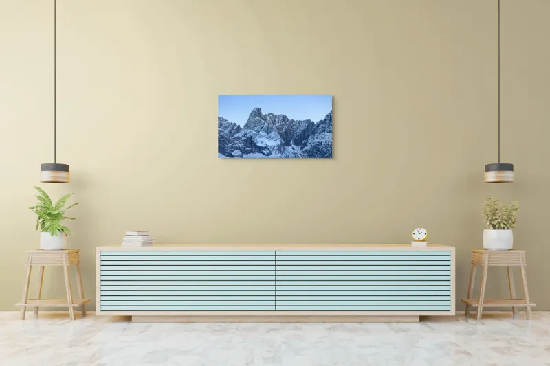 Tablou Canvas, "Piscurile înghețate ale dimineții alpine", Munți, Zăpadă, Stânci, Cer, Albastru, 90 x 50 cm – poza 5