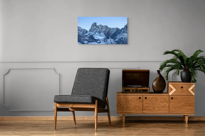 Tablou Canvas, "Piscurile înghețate ale dimineții alpine", Munți, Zăpadă, Stânci, Cer, Albastru, 90 x 50 cm – poza 6