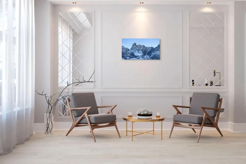Tablou Canvas, "Piscurile înghețate ale dimineții alpine", Munți, Zăpadă, Stânci, Cer, Albastru, 90 x 50 cm – poza 7