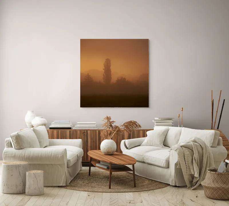 Tablou Canvas, "Tainele dimineții învăluite în ceață", Ceață, Apus, Siluete, Mister, Liniște, Natură, Copaci, Vise, Amurg, Peisaj, 100 x 100 cm – poza 3