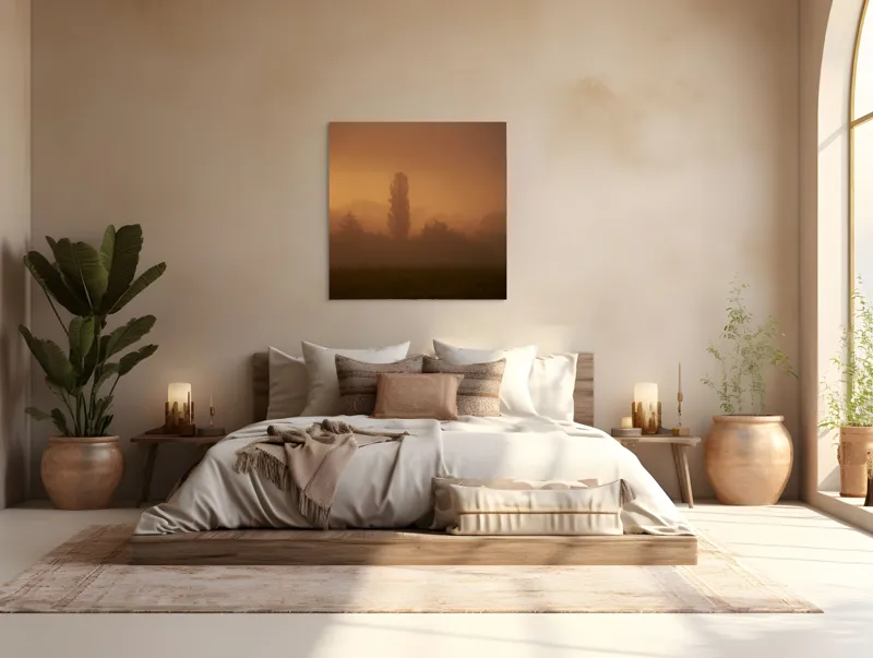 Tablou Canvas, "Tainele dimineții învăluite în ceață", Ceață, Apus, Siluete, Mister, Liniște, Natură, Copaci, Vise, Amurg, Peisaj, 100 x 100 cm – poza 4