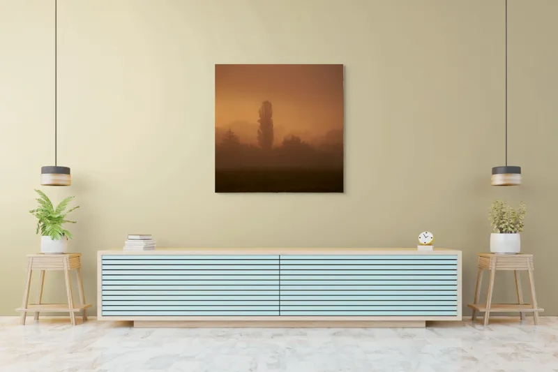Tablou Canvas, "Tainele dimineții învăluite în ceață", Ceață, Apus, Siluete, Mister, Liniște, Natură, Copaci, Vise, Amurg, Peisaj, 100 x 100 cm – poza 5