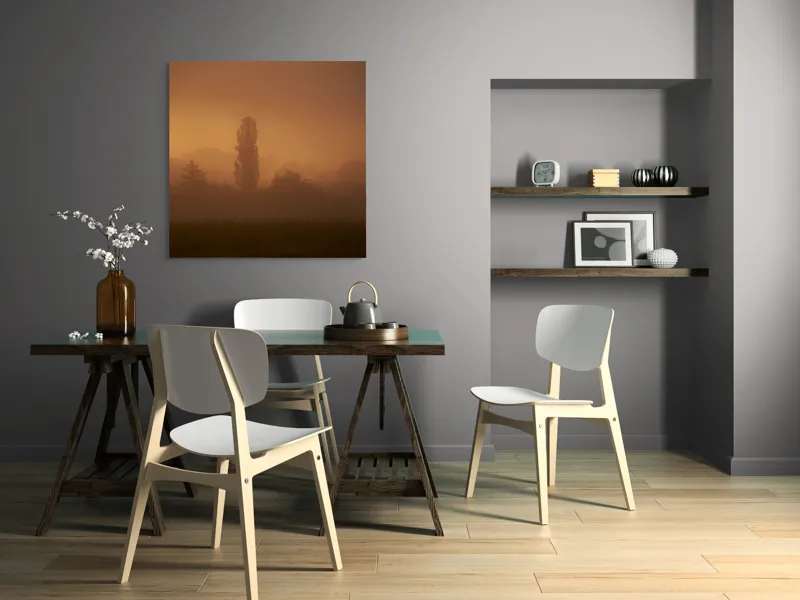 Tablou Canvas, "Tainele dimineții învăluite în ceață", Ceață, Apus, Siluete, Mister, Liniște, Natură, Copaci, Vise, Amurg, Peisaj, 100 x 100 cm – poza 6