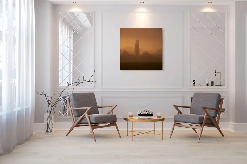 Tablou Canvas, "Tainele dimineții învăluite în ceață", Ceață, Apus, Siluete, Mister, Liniște, Natură, Copaci, Vise, Amurg, Peisaj, 100 x 100 cm – poza 7