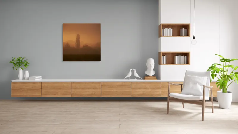 Tablou Canvas, "Tainele dimineții învăluite în ceață", Ceață, Apus, Siluete, Mister, Liniște, Natură, Copaci, Vise, Amurg, Peisaj, 100 x 100 cm – poza 8