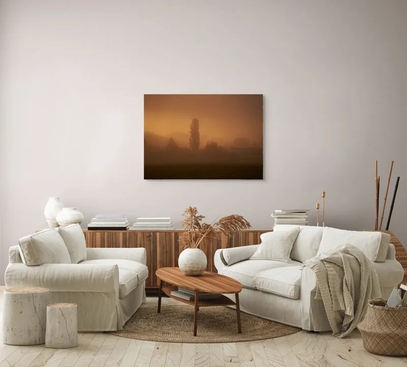 Tablou Canvas, "Tainele dimineții învăluite în ceață", Ceață, Apus, Siluete, Mister, Liniște, Natură, Copaci, Vise, Amurg, Peisaj, 100 x 70 cm – poza 3