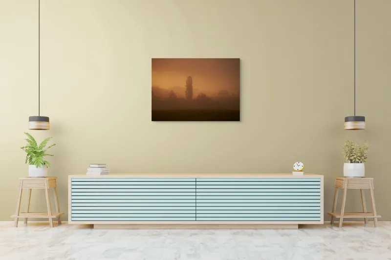 Tablou Canvas, "Tainele dimineții învăluite în ceață", Ceață, Apus, Siluete, Mister, Liniște, Natură, Copaci, Vise, Amurg, Peisaj, 100 x 70 cm – poza 4