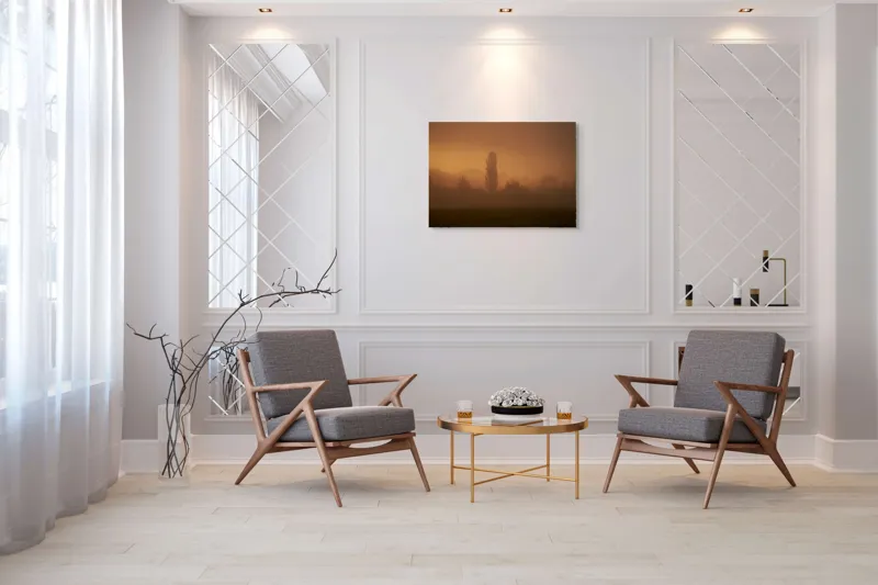 Tablou Canvas, "Tainele dimineții învăluite în ceață", Ceață, Apus, Siluete, Mister, Liniște, Natură, Copaci, Vise, Amurg, Peisaj, 100 x 70 cm – poza 5