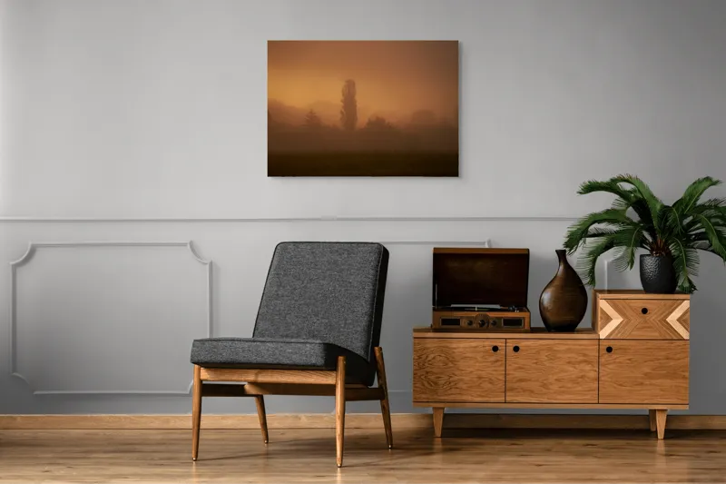 Tablou Canvas, "Tainele dimineții învăluite în ceață", Ceață, Apus, Siluete, Mister, Liniște, Natură, Copaci, Vise, Amurg, Peisaj, 100 x 70 cm – poza 8
