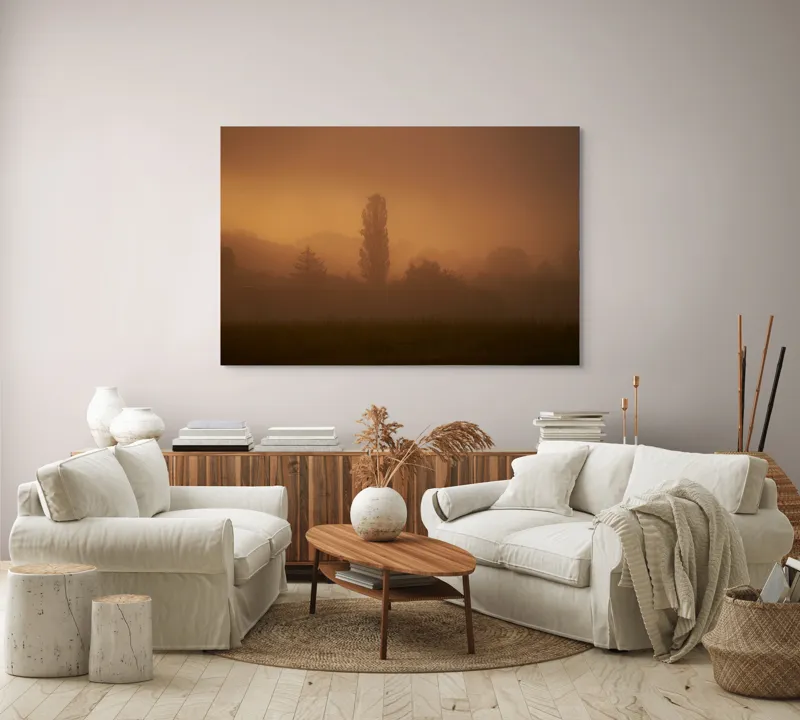 Tablou Canvas, "Tainele dimineții învăluite în ceață", Ceață, Apus, Siluete, Mister, Liniște, Natură, Copaci, Vise, Amurg, Peisaj, 150 x 100 cm – poza 3