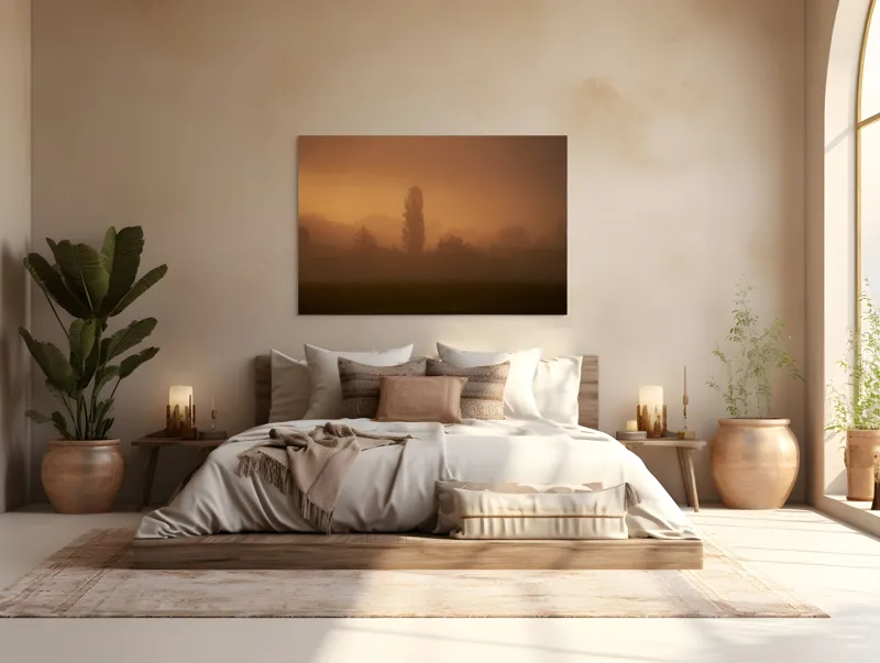 Tablou Canvas, "Tainele dimineții învăluite în ceață", Ceață, Apus, Siluete, Mister, Liniște, Natură, Copaci, Vise, Amurg, Peisaj, 150 x 100 cm – poza 4
