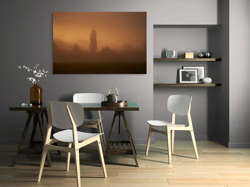 Tablou Canvas, "Tainele dimineții învăluite în ceață", Ceață, Apus, Siluete, Mister, Liniște, Natură, Copaci, Vise, Amurg, Peisaj, 150 x 100 cm – poza 5