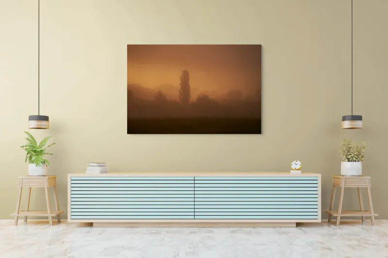 Tablou Canvas, "Tainele dimineții învăluite în ceață", Ceață, Apus, Siluete, Mister, Liniște, Natură, Copaci, Vise, Amurg, Peisaj, 150 x 100 cm – poza 6