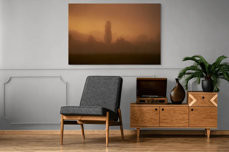 Tablou Canvas, "Tainele dimineții învăluite în ceață", Ceață, Apus, Siluete, Mister, Liniște, Natură, Copaci, Vise, Amurg, Peisaj, 150 x 100 cm – poza 8