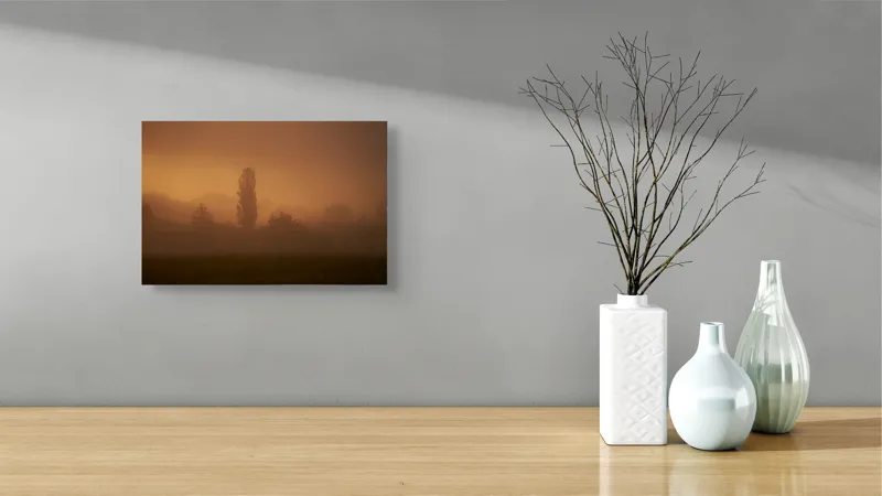 Tablou Canvas, "Tainele dimineții învăluite în ceață", Ceață, Apus, Siluete, Mister, Liniște, Natură, Copaci, Vise, Amurg, Peisaj, 39 x 26 cm – poza 8