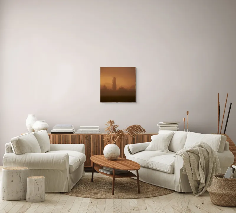 Tablou Canvas, "Tainele dimineții învăluite în ceață", Ceață, Apus, Siluete, Mister, Liniște, Natură, Copaci, Vise, Amurg, Peisaj, 50 x 50 cm – poza 7
