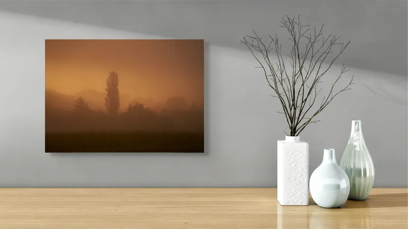 Tablou Canvas, "Tainele dimineții învăluite în ceață", Ceață, Apus, Siluete, Mister, Liniște, Natură, Copaci, Vise, Amurg, Peisaj, 54 x 39 cm – poza 3