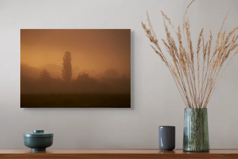 Tablou Canvas, "Tainele dimineții învăluite în ceață", Ceață, Apus, Siluete, Mister, Liniște, Natură, Copaci, Vise, Amurg, Peisaj, 54 x 39 cm – poza 4