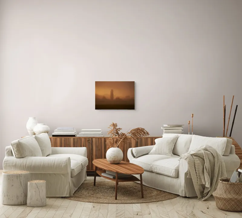 Tablou Canvas, "Tainele dimineții învăluite în ceață", Ceață, Apus, Siluete, Mister, Liniște, Natură, Copaci, Vise, Amurg, Peisaj, 54 x 39 cm – poza 5