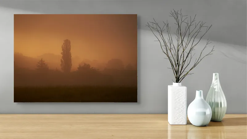 Tablou Canvas, "Tainele dimineții învăluite în ceață", Ceață, Apus, Siluete, Mister, Liniște, Natură, Copaci, Vise, Amurg, Peisaj, 70 x 50 cm – poza 3