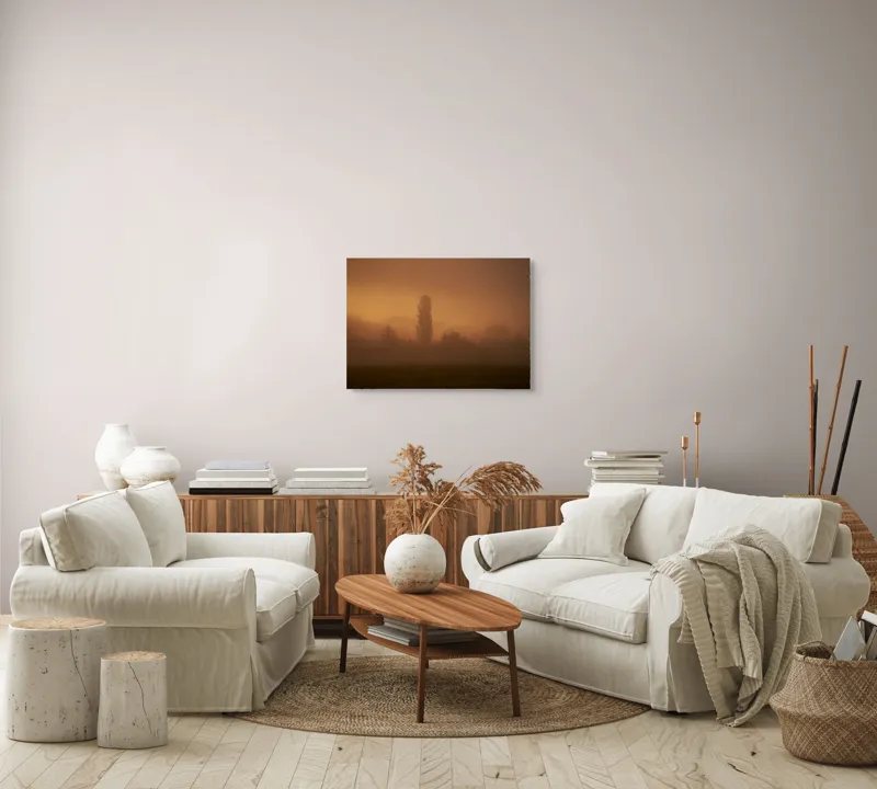 Tablou Canvas, "Tainele dimineții învăluite în ceață", Ceață, Apus, Siluete, Mister, Liniște, Natură, Copaci, Vise, Amurg, Peisaj, 70 x 50 cm – poza 6