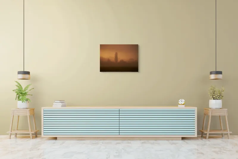 Tablou Canvas, "Tainele dimineții învăluite în ceață", Ceață, Apus, Siluete, Mister, Liniște, Natură, Copaci, Vise, Amurg, Peisaj, 70 x 50 cm – poza 7