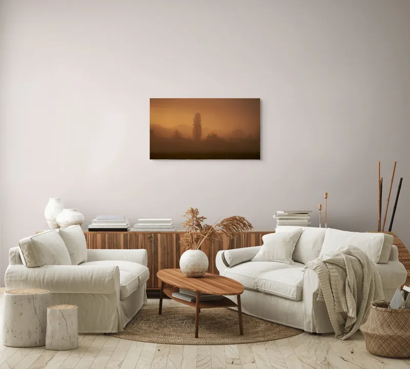 Tablou Canvas, "Tainele dimineții învăluite în ceață", Ceață, Apus, Siluete, Mister, Liniște, Natură, Copaci, Vise, Amurg, Peisaj, 90 x 50 cm – poza 4