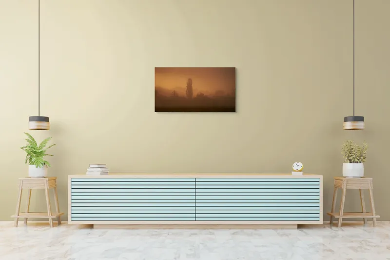 Tablou Canvas, "Tainele dimineții învăluite în ceață", Ceață, Apus, Siluete, Mister, Liniște, Natură, Copaci, Vise, Amurg, Peisaj, 90 x 50 cm – poza 5