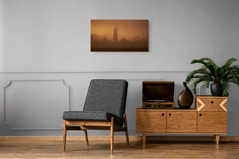 Tablou Canvas, "Tainele dimineții învăluite în ceață", Ceață, Apus, Siluete, Mister, Liniște, Natură, Copaci, Vise, Amurg, Peisaj, 90 x 50 cm – poza 6