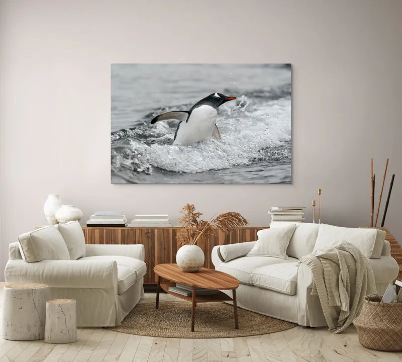 Tablou Canvas, "Pinguin înotând printre valuri reci", Penguin, Water, Splashing, Motion, Ocean, Nature, Wildlife, 150 x 100 cm – poza 3