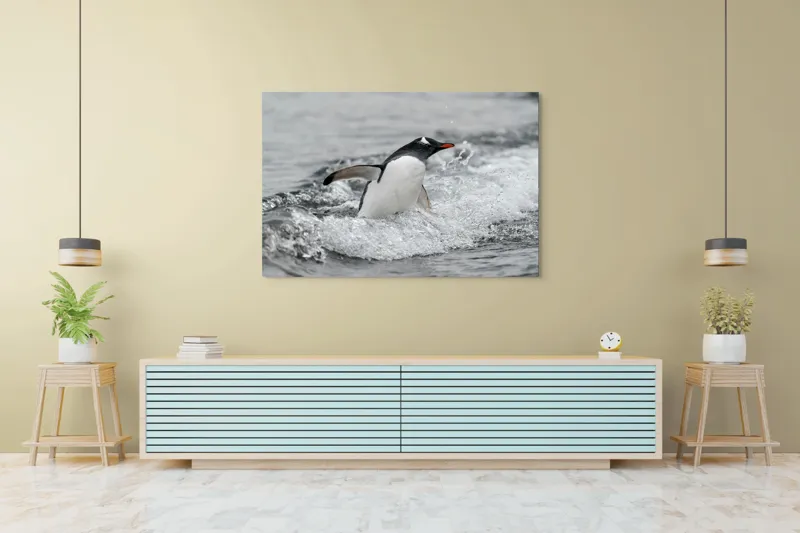 Tablou Canvas, "Pinguin înotând printre valuri reci", Penguin, Water, Splashing, Motion, Ocean, Nature, Wildlife, 150 x 100 cm – poza 6