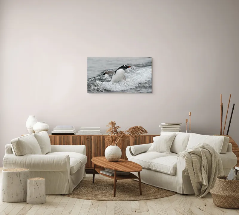 Tablou Canvas, "Pinguin înotând printre valuri reci", Penguin, Water, Splashing, Motion, Ocean, Nature, Wildlife, 90 x 50 cm – poza 4