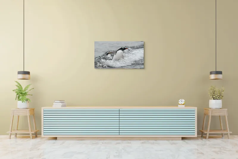 Tablou Canvas, "Pinguin înotând printre valuri reci", Penguin, Water, Splashing, Motion, Ocean, Nature, Wildlife, 90 x 50 cm – poza 5