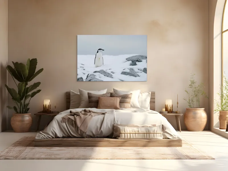 Tablou Canvas, "Pinguin solitar pe zăpadă arctică", Pinguin, Zăpadă, Pietre, Cer Înnorat, Frig, Antarctica, Solitar, Calm, Natură, Gheață, 150 x 100 cm – poza 4
