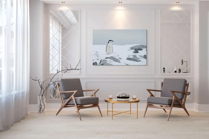 Tablou Canvas, "Pinguin solitar pe zăpadă arctică", Pinguin, Zăpadă, Pietre, Cer Înnorat, Frig, Antarctica, Solitar, Calm, Natură, Gheață, 150 x 100 cm – poza 7