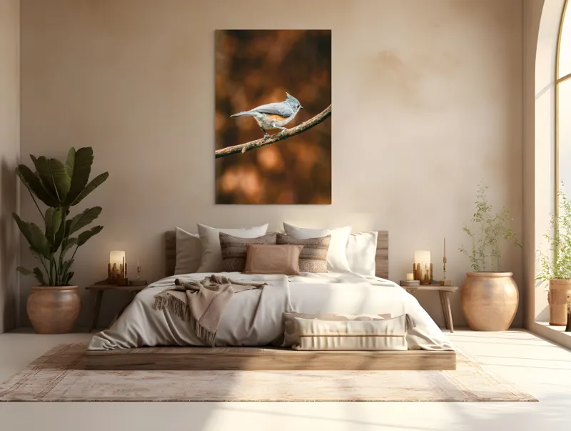 Tablou Canvas, "Pasărea solitară pe creangă ruginită", Pasăre, Creangă, Penaj, Fundal, Toamnă, Contrast, Gingașă, Natură, 100 x 150 cm – poza 3