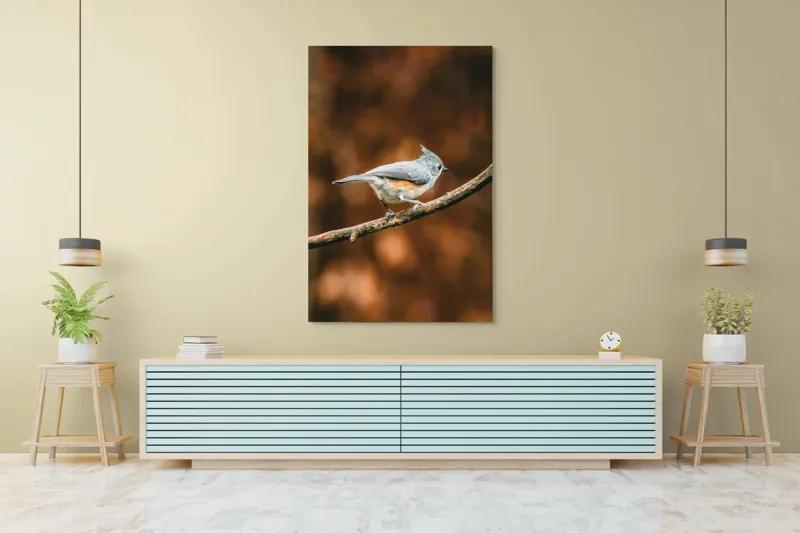 Tablou Canvas, "Pasărea solitară pe creangă ruginită", Pasăre, Creangă, Penaj, Fundal, Toamnă, Contrast, Gingașă, Natură, 100 x 150 cm – poza 4