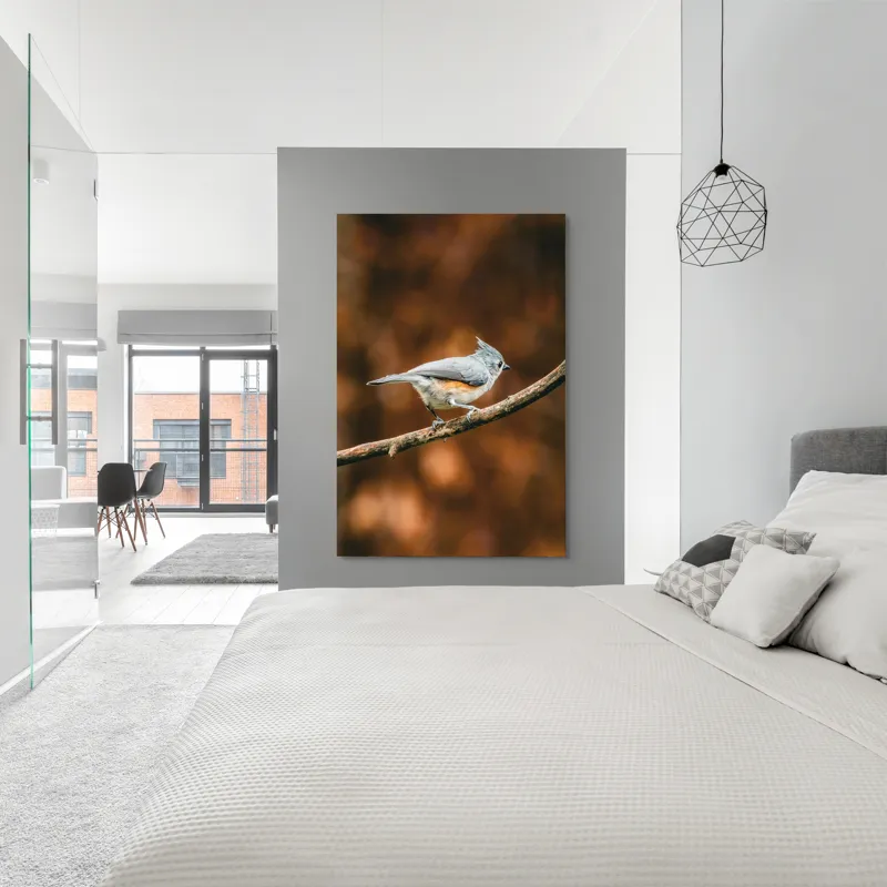 Tablou Canvas, "Pasărea solitară pe creangă ruginită", Pasăre, Creangă, Penaj, Fundal, Toamnă, Contrast, Gingașă, Natură, 100 x 150 cm – poza 5