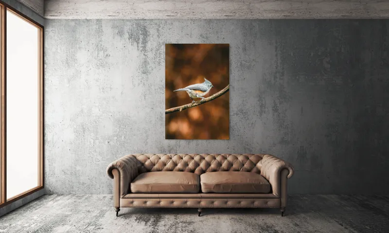Tablou Canvas, "Pasărea solitară pe creangă ruginită", Pasăre, Creangă, Penaj, Fundal, Toamnă, Contrast, Gingașă, Natură, 100 x 150 cm – poza 6