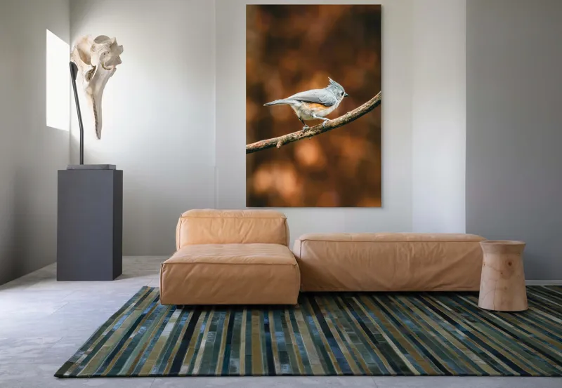 Tablou Canvas, "Pasărea solitară pe creangă ruginită", Pasăre, Creangă, Penaj, Fundal, Toamnă, Contrast, Gingașă, Natură, 100 x 150 cm – poza 7