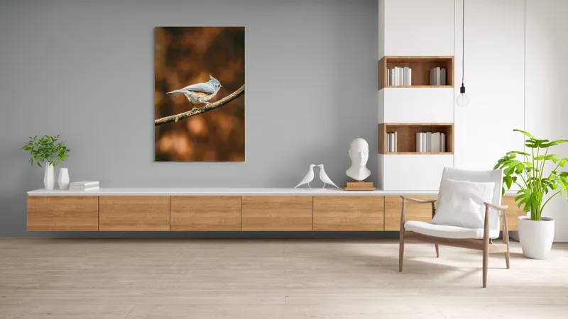 Tablou Canvas, "Pasărea solitară pe creangă ruginită", Pasăre, Creangă, Penaj, Fundal, Toamnă, Contrast, Gingașă, Natură, 100 x 150 cm – poza 8
