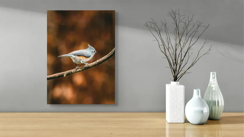 Tablou Canvas, "Pasărea solitară pe creangă ruginită", Pasăre, Creangă, Penaj, Fundal, Toamnă, Contrast, Gingașă, Natură, 39 x 54 cm – poza 4