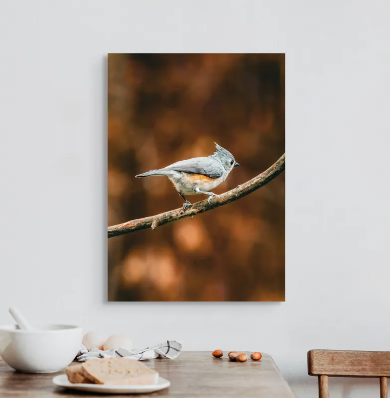 Tablou Canvas, "Pasărea solitară pe creangă ruginită", Pasăre, Creangă, Penaj, Fundal, Toamnă, Contrast, Gingașă, Natură, 50 x 70 cm – poza 3