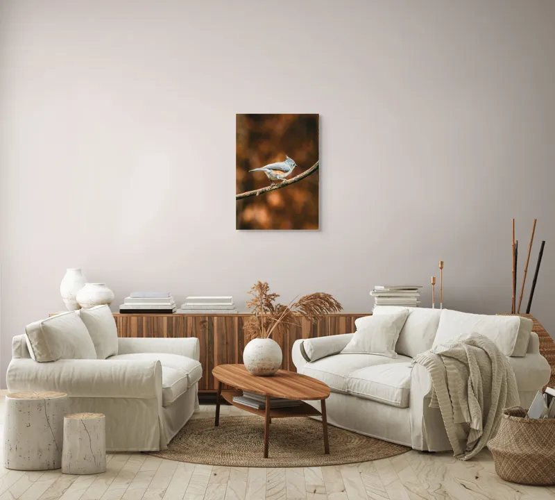 Tablou Canvas, "Pasărea solitară pe creangă ruginită", Pasăre, Creangă, Penaj, Fundal, Toamnă, Contrast, Gingașă, Natură, 50 x 70 cm – poza 4