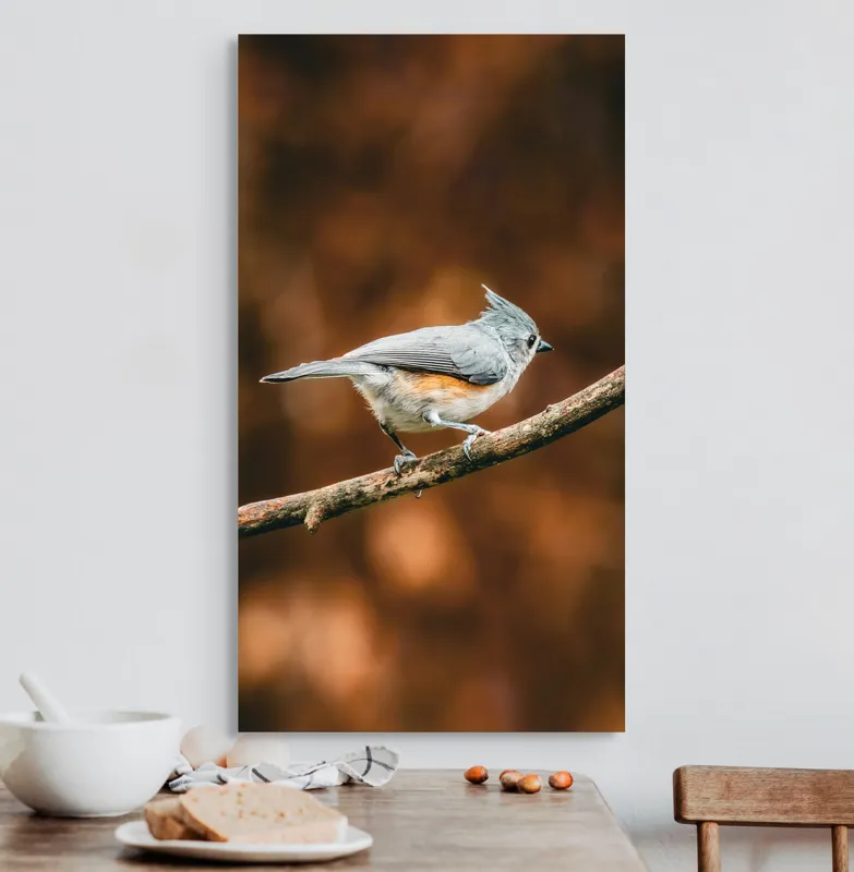 Tablou Canvas, "Pasărea solitară pe creangă ruginită", Pasăre, Creangă, Penaj, Fundal, Toamnă, Contrast, Gingașă, Natură, 50 x 90 cm – poza 3
