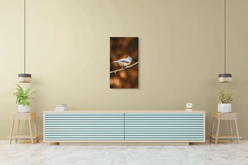 Tablou Canvas, "Pasărea solitară pe creangă ruginită", Pasăre, Creangă, Penaj, Fundal, Toamnă, Contrast, Gingașă, Natură, 50 x 90 cm – poza 6